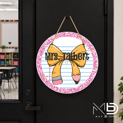 Pink Composition Bow | Personalized Teacher Door Hanger | Custom Classroom Sign | 10” Metal Door Decor