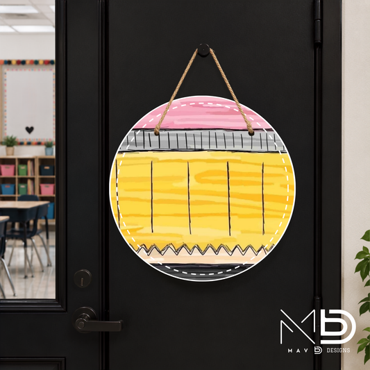 Doodle Pencil | Personalized Teacher Door Hanger | Custom Classroom Sign | 10” Metal Door Decor