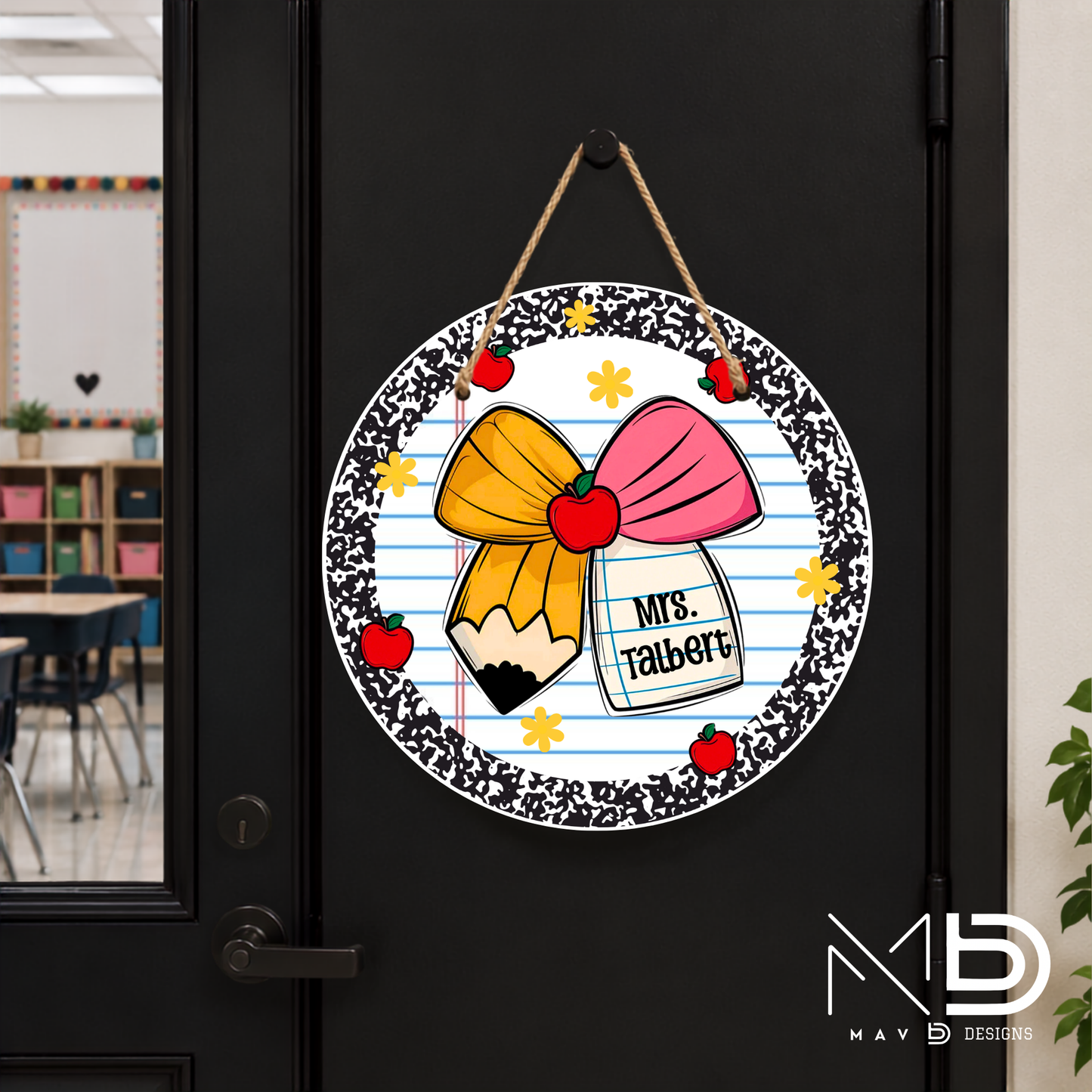 Black Composition Cutie Bow | Personalized Teacher Door Hanger | Custom Classroom Sign | 10” Metal Door Decor