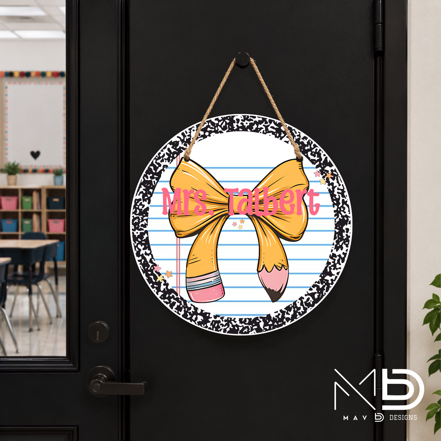 Black Composition Bow | Personalized Teacher Door Hanger | Custom Classroom Sign | 10” Metal Door Decor