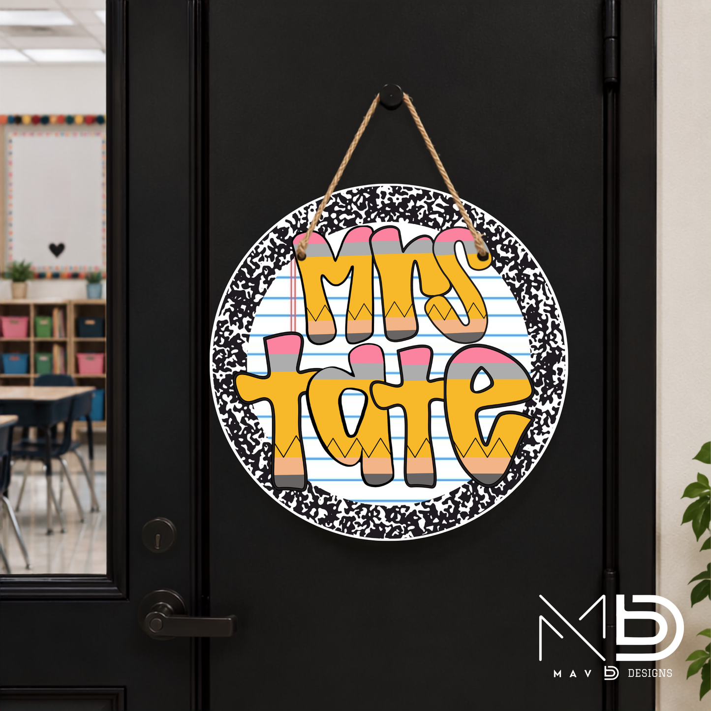 Composition Retro Pencil | Personalized Teacher Door Hanger | Custom Classroom Sign | 10” Metal Door Decor