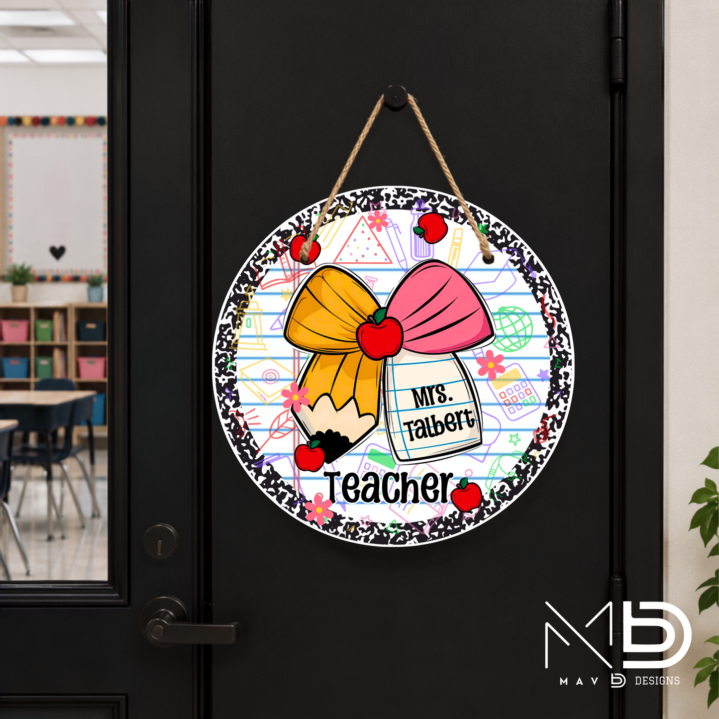 Composition Apples Doodles Bow | Personalized Teacher Door Hanger | Custom Classroom Sign | 10” Metal Door Decor