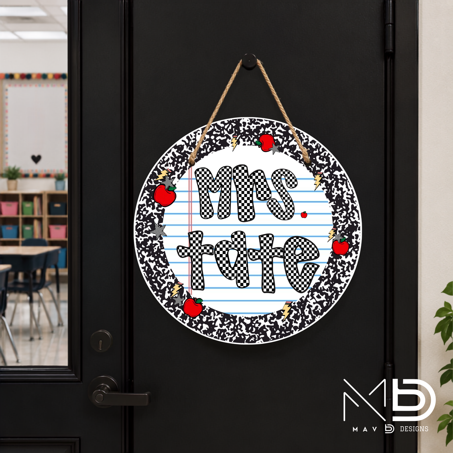 Checkered Apples Doodles | Personalized Teacher Door Hanger | Custom Classroom Sign | 10” Metal Door Decor