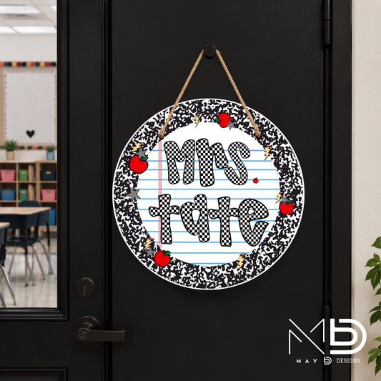 Checkered Apples Doodles | Personalized Teacher Door Hanger | Custom Classroom Sign | 10” Metal Door Decor