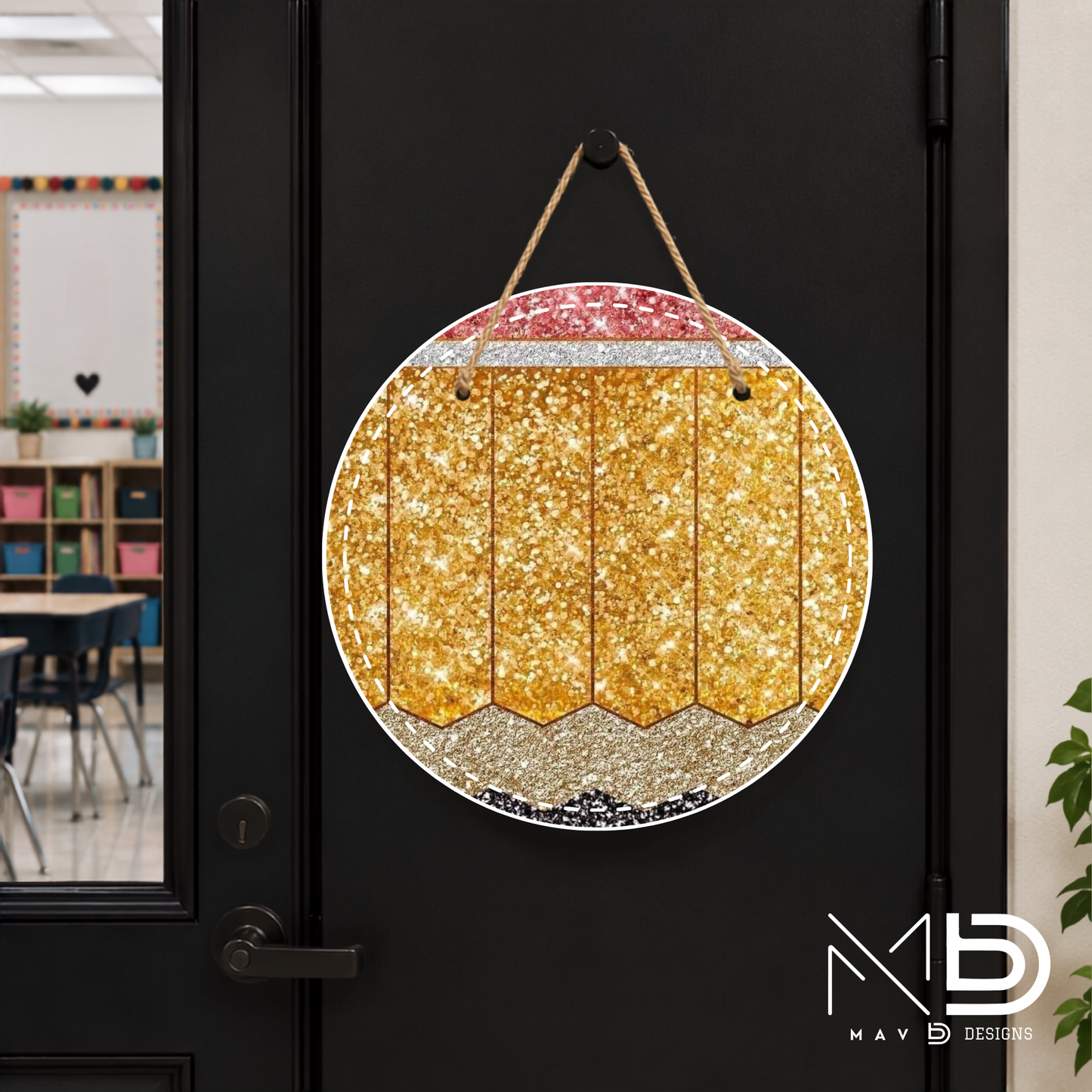 Sparkly Pencil | Personalized Teacher Door Hanger | Custom Classroom Sign | 10” Metal Door Decor