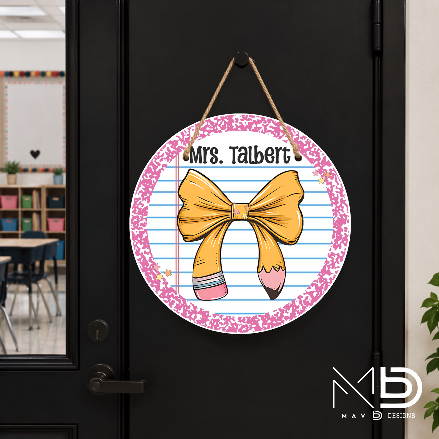 Pink Composition Pencil Bow | Personalized Teacher Door Hanger | Custom Classroom Sign | 10” Metal Door Decor