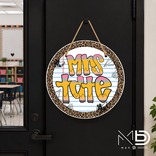 Cheetah Pencil Doodle | Personalized Teacher Door Hanger | Custom Classroom Sign | 10” Metal Door Decor