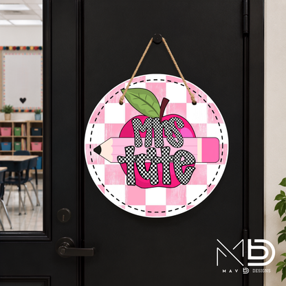 Pink Checkered Apple Pencil | Personalized Teacher Door Hanger | Custom Classroom Sign | 10” Metal Door Decor