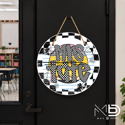 Checkered Pencil Doodle | Personalized Teacher Door Hanger | Custom Classroom Sign | 10” Metal Door Decor
