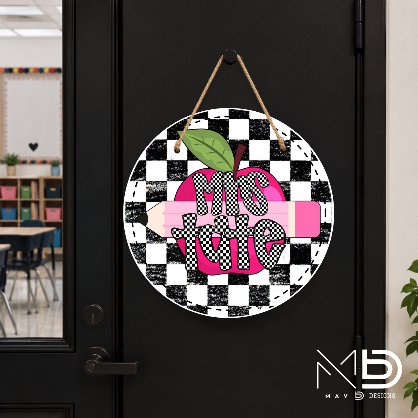 Checkered Pink Apple Pencil | Personalized Teacher Door Hanger | Custom Classroom Sign | 10” Metal Door Decor