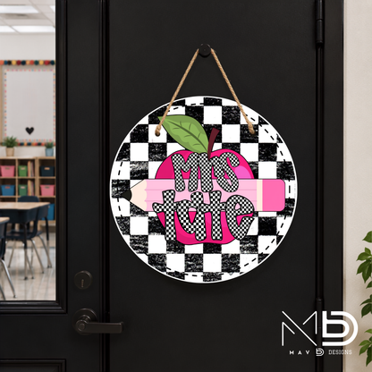 Checkered Pink Apple Pencil | Personalized Teacher Door Hanger | Custom Classroom Sign | 10” Metal Door Decor