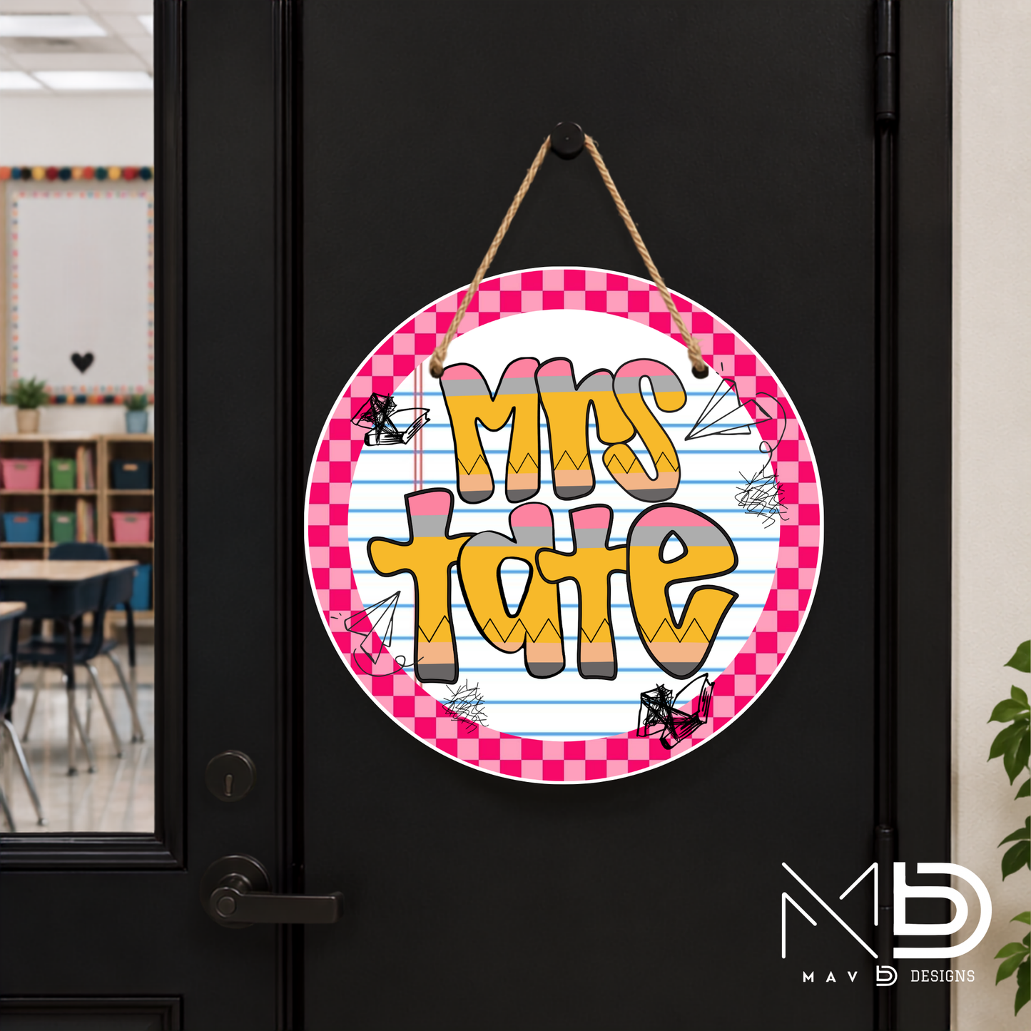 Pink Checkered Pencil Doodle | Personalized Teacher Door Hanger | Custom Classroom Sign | 10” Metal Door Decor