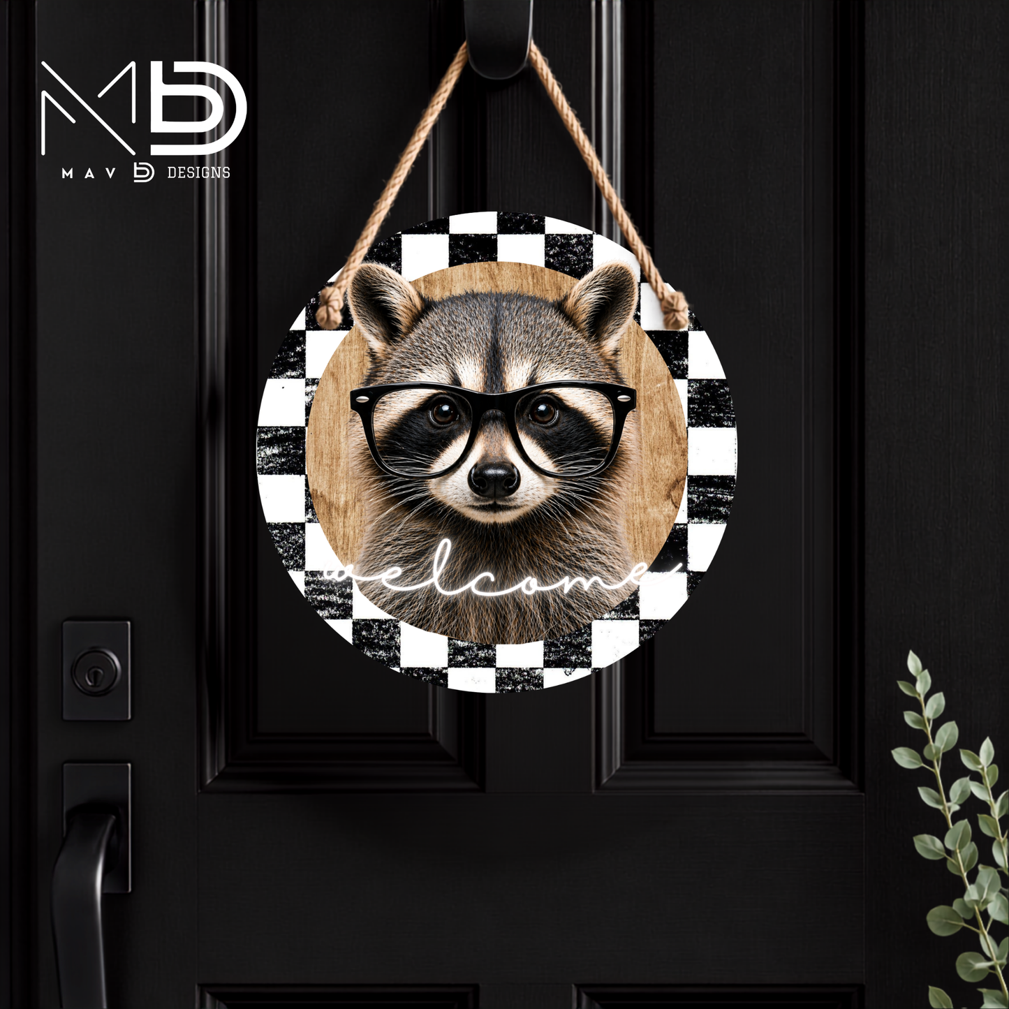 Cutie Welcome Raccoon | 10” Round Metal Door Hanger | Farmhouse Front Door Sign