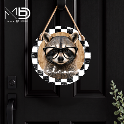 Cutie Welcome Raccoon | 10” Round Metal Door Hanger | Farmhouse Front Door Sign