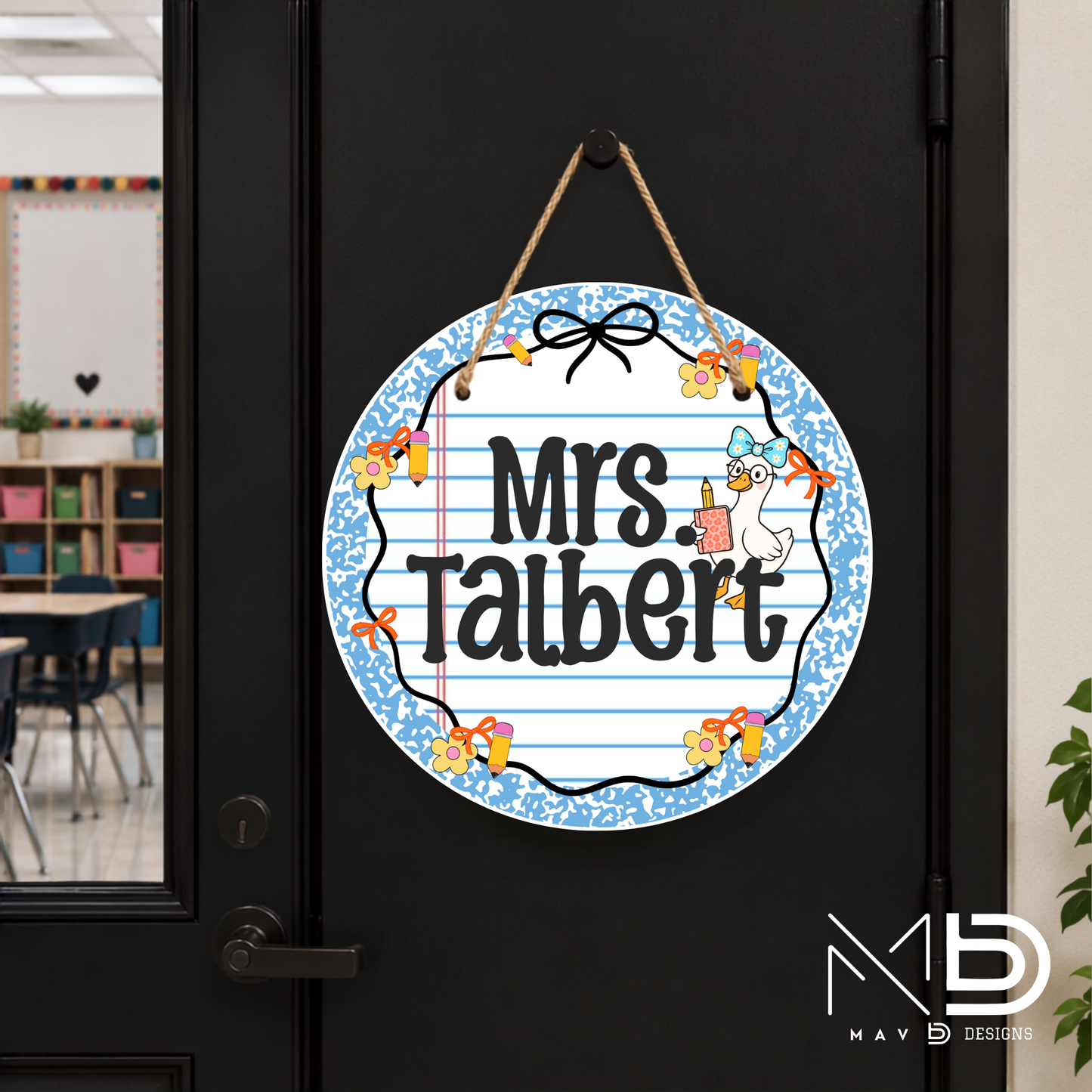 Blue Composition Goosey | Personalized Teacher Door Hanger | Custom Classroom Sign | 10” Metal Door Decor
