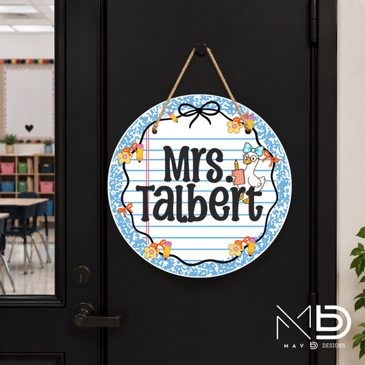 Blue Composition Goosey | Personalized Teacher Door Hanger | Custom Classroom Sign | 10” Metal Door Decor