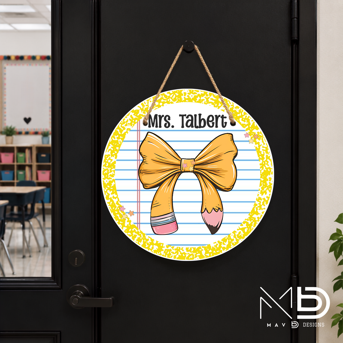 Yellow Composition Bow | Personalized Teacher Door Hanger | Custom Classroom Sign | 10” Metal Door Decor