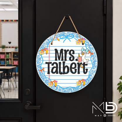 Blue Composition Goosey | Personalized Teacher Door Hanger | Custom Classroom Sign | 10” Metal Door Decor