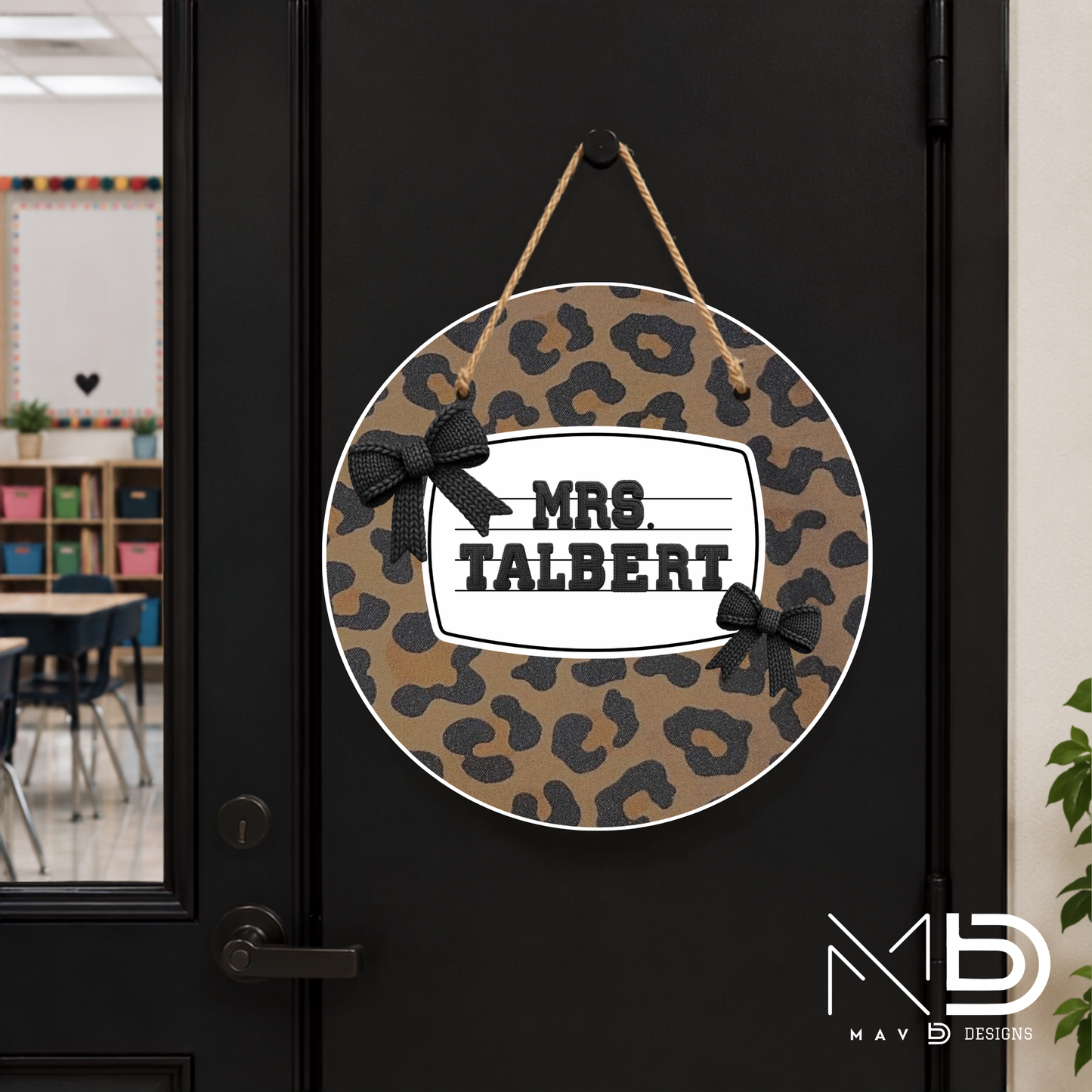 Leopard Black Bows | Personalized Teacher Door Hanger | Custom Classroom Sign | 10” Metal Door Decor