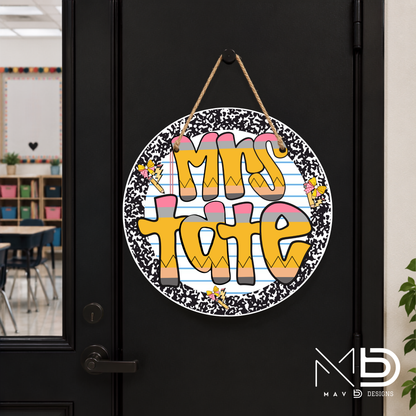 Composition Retro Pencil Doodles  | Personalized Teacher Door Hanger | Custom Classroom Sign | 10” Metal Door Decor