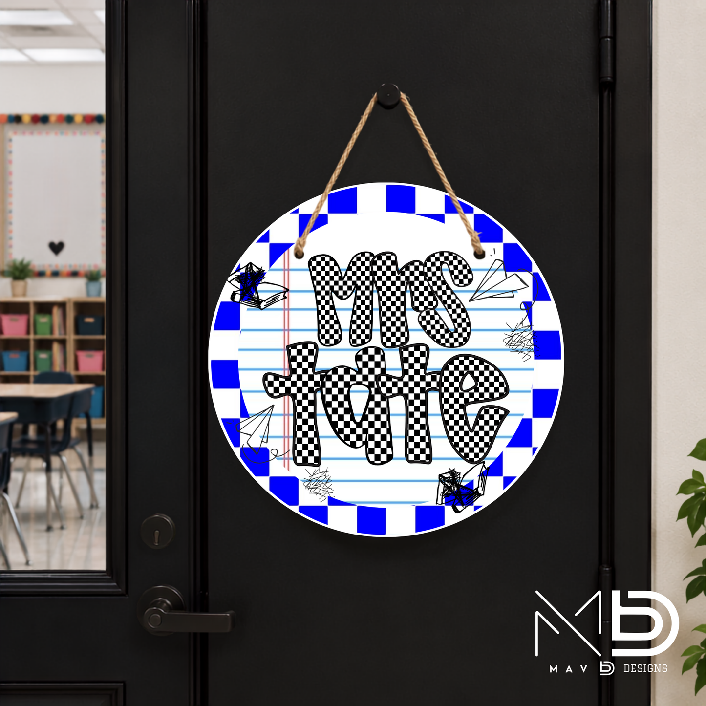 Blue Checkered Doodles | Personalized Teacher Door Hanger | Custom Classroom Sign | 10” Metal Door Decor
