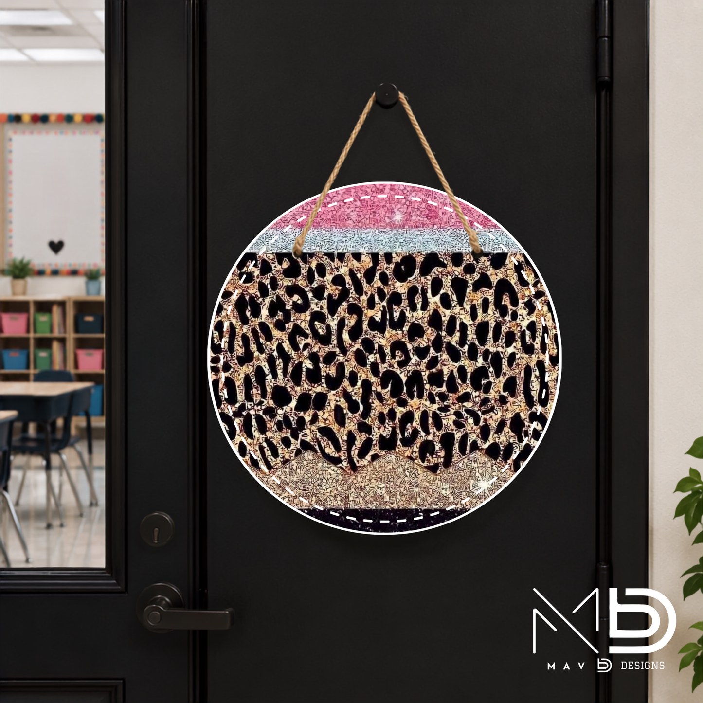 Sparkly Leopard Pencil | Personalized Teacher Door Hanger | Custom Classroom Sign | 10” Metal Door Decor