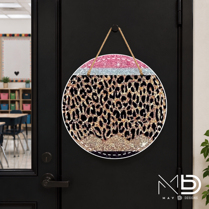 Sparkly Leopard Pencil | Personalized Teacher Door Hanger | Custom Classroom Sign | 10” Metal Door Decor