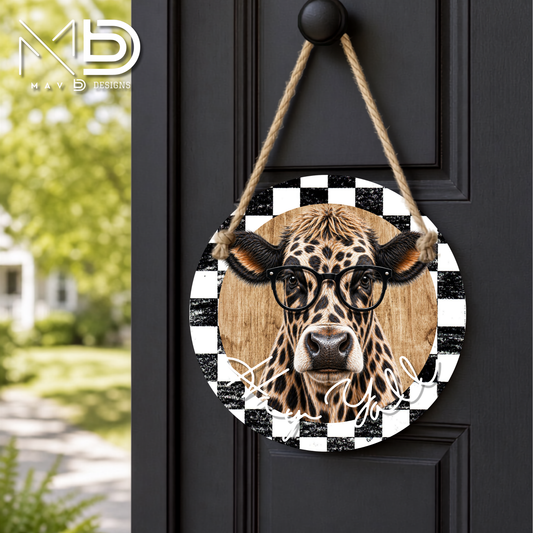 Chic Leopard Cow Hay Yall | 10” Round Metal Door Hanger | Farmhouse Front Door Sign