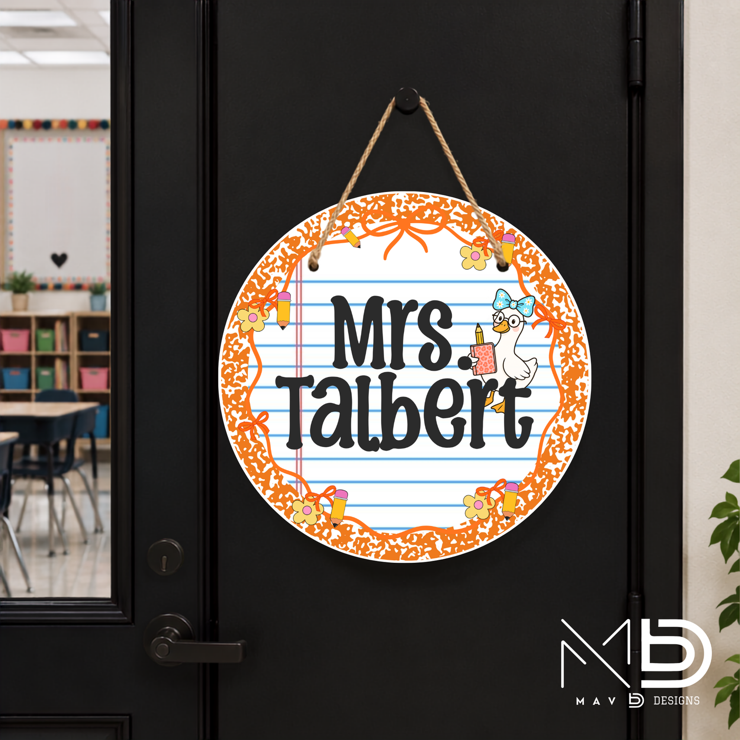 Orange Composition Goosey | Personalized Teacher Door Hanger | Custom Classroom Sign | 10” Metal Door Decor