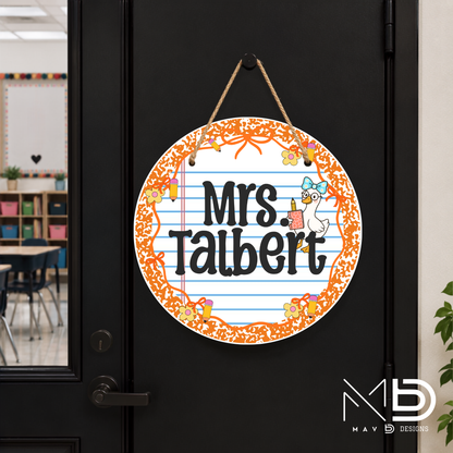 Orange Composition Goosey | Personalized Teacher Door Hanger | Custom Classroom Sign | 10” Metal Door Decor