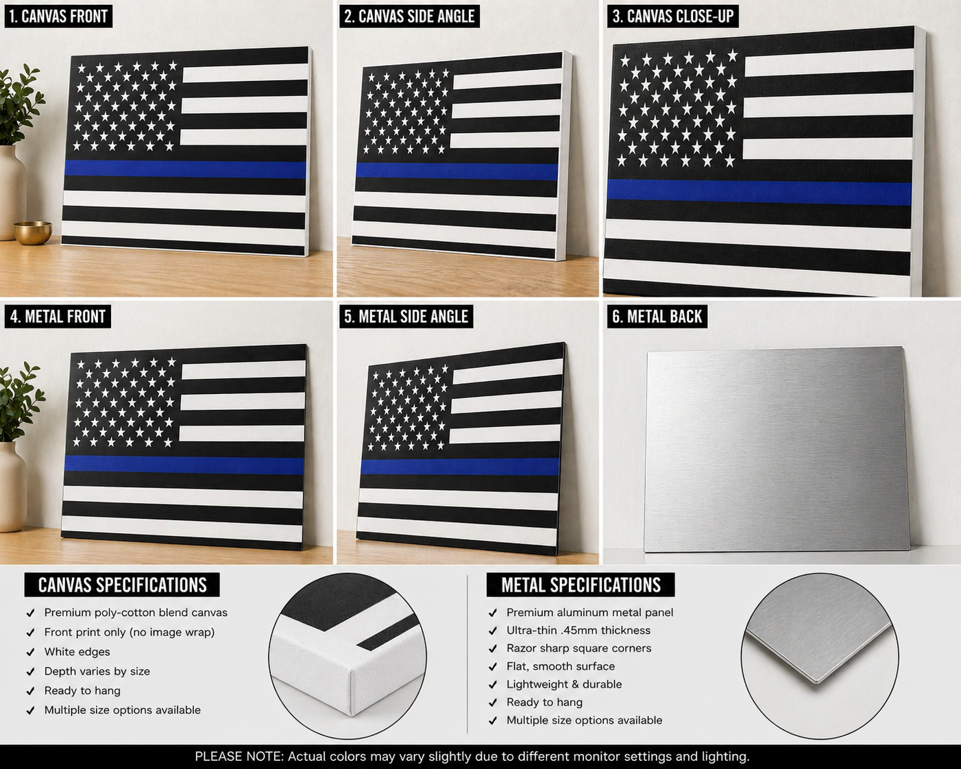 Thin Blue Line American Flag Canvas & Metal Print – Black & White Patriotic Wall Art