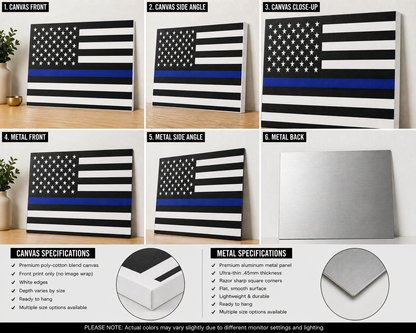 Thin Blue Line American Flag Canvas & Metal Print – Black & White Patriotic Wall Art