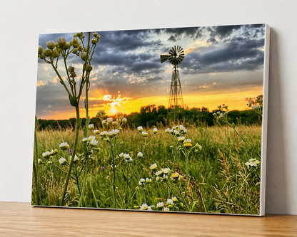 Golden Prairie Sunset Canvas & Metal Print – Windmill Landscape Wall Art