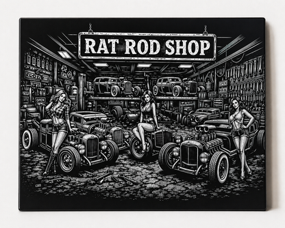 Rat Rod Shop Canvas & Metal Print – Vintage Hot Rod Garage Wall Art