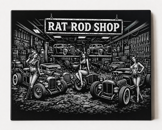 Rat Rod Shop Canvas & Metal Print – Vintage Hot Rod Garage Wall Art