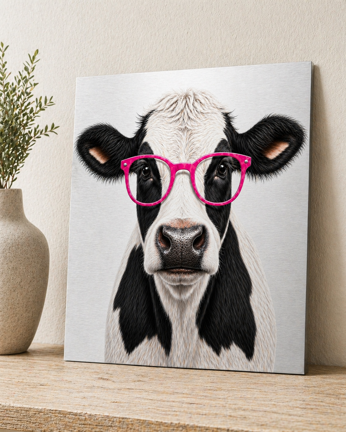 Black & White Cow with Pink Glasses Canvas & Metal Print – Chic Rustic Farmhouse Wall Art