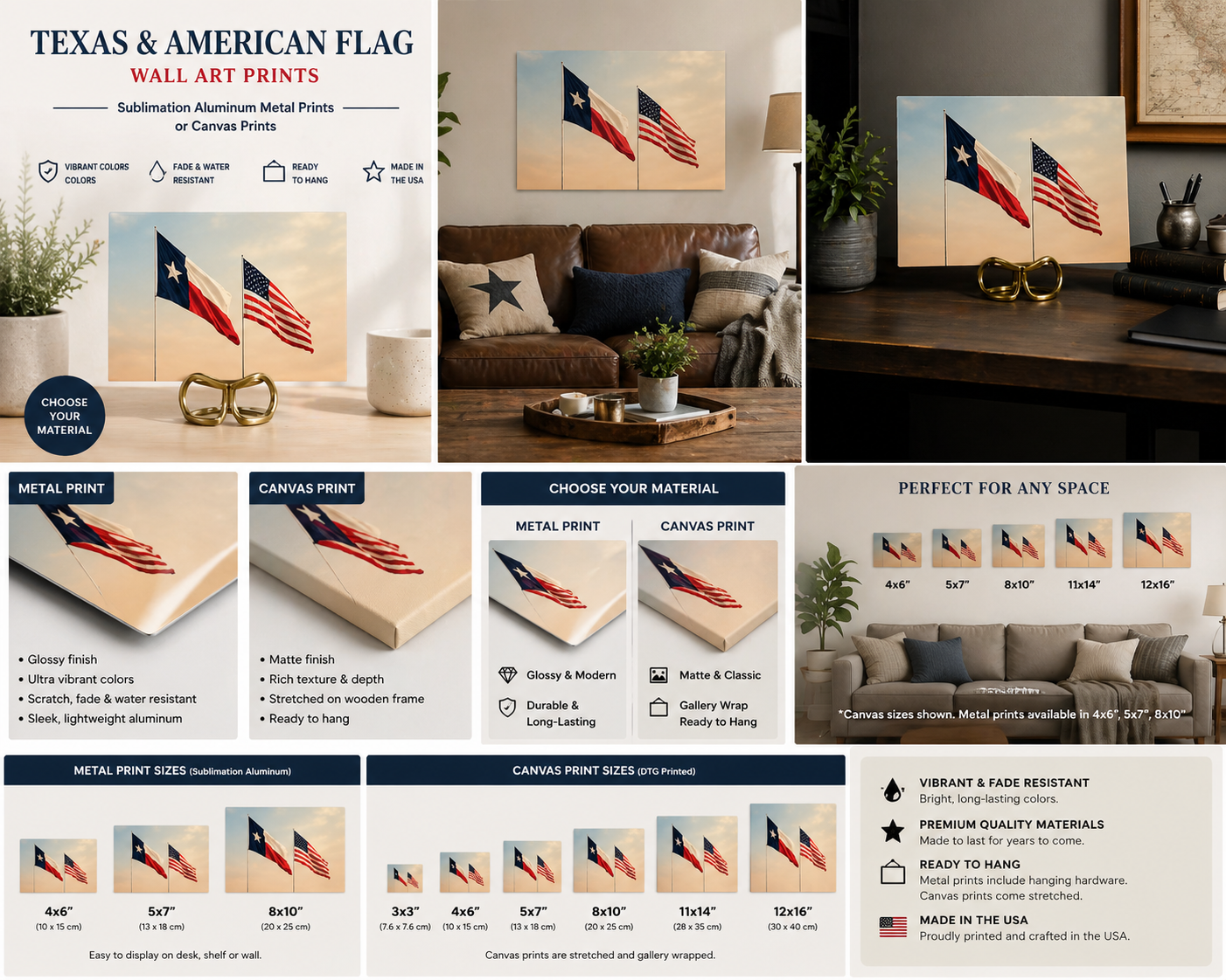 Texas & American Flag Wall Art – Metal Print or Canvas – Patriotic Western Decor – USA Flag Artwork – Multiple Sizes