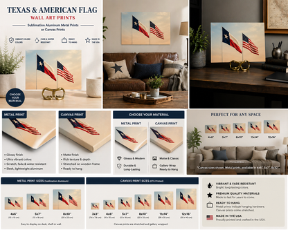 Texas & American Flag Wall Art – Metal Print or Canvas – Patriotic Western Decor – USA Flag Artwork – Multiple Sizes