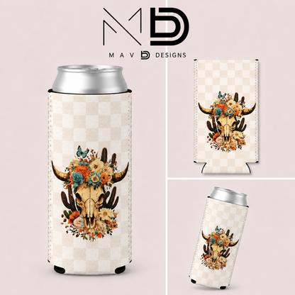 Boho Western Floral Cowskull | 12 oz Tall Skinny Can Koozie