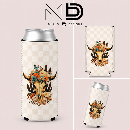 Boho Western Floral Cowskull | 12 oz Tall Skinny Can Koozie
