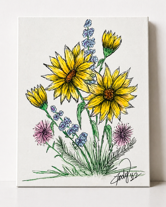 Hand-Drawn Wildflower Sunflower Canvas & Metal Print – Pen & Ink Floral Art by Jody Prell