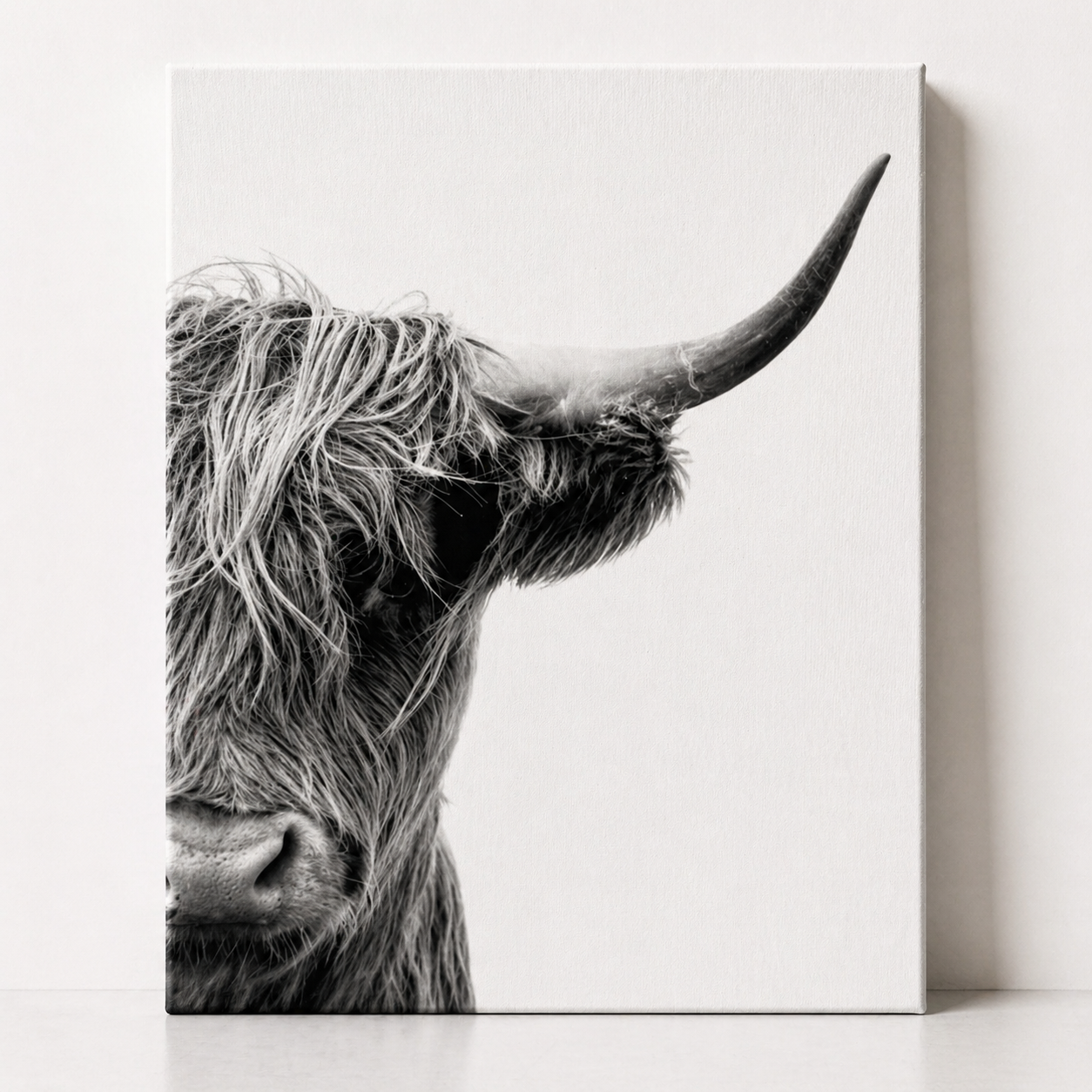 Minimalist Highland Cow Canvas & Metal Print – Black & White Farmhouse Wall Art