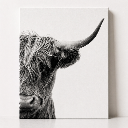 Minimalist Highland Cow Canvas & Metal Print – Black & White Farmhouse Wall Art