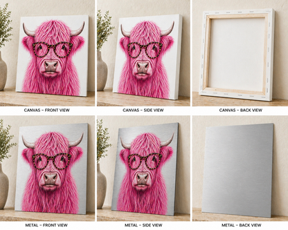 Pink Highland Cow Canvas & Metal Print – Chic Rustic Farmhouse Wall Art