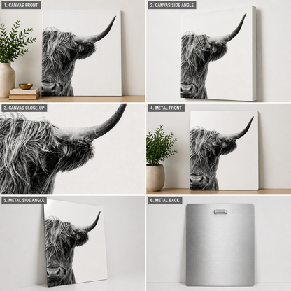 Minimalist Highland Cow Canvas & Metal Print – Black & White Farmhouse Wall Art