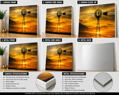 Golden Windmill Sunset Canvas & Metal Print – Rustic Farmhouse Landscape Wall Art
