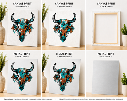 Boho Bull Skull Canvas & Metal Print – Southwest Floral Western Wall Art