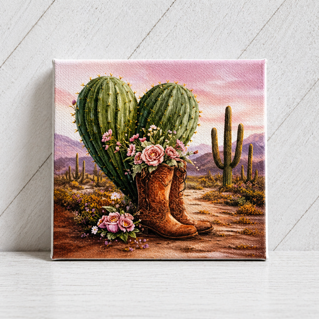 Western Cactus Heart Wall Art with Cowboy Boots – Canvas or Metal Print – Rustic Desert Floral Cowgirl Decor