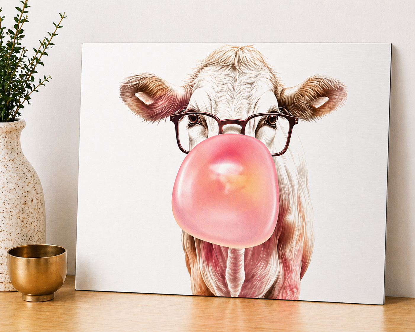 Funny Cow Bubblegum Canvas & Metal Print – Playful Farmhouse Wall Art