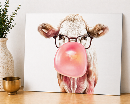 Funny Cow Bubblegum Canvas & Metal Print – Playful Farmhouse Wall Art